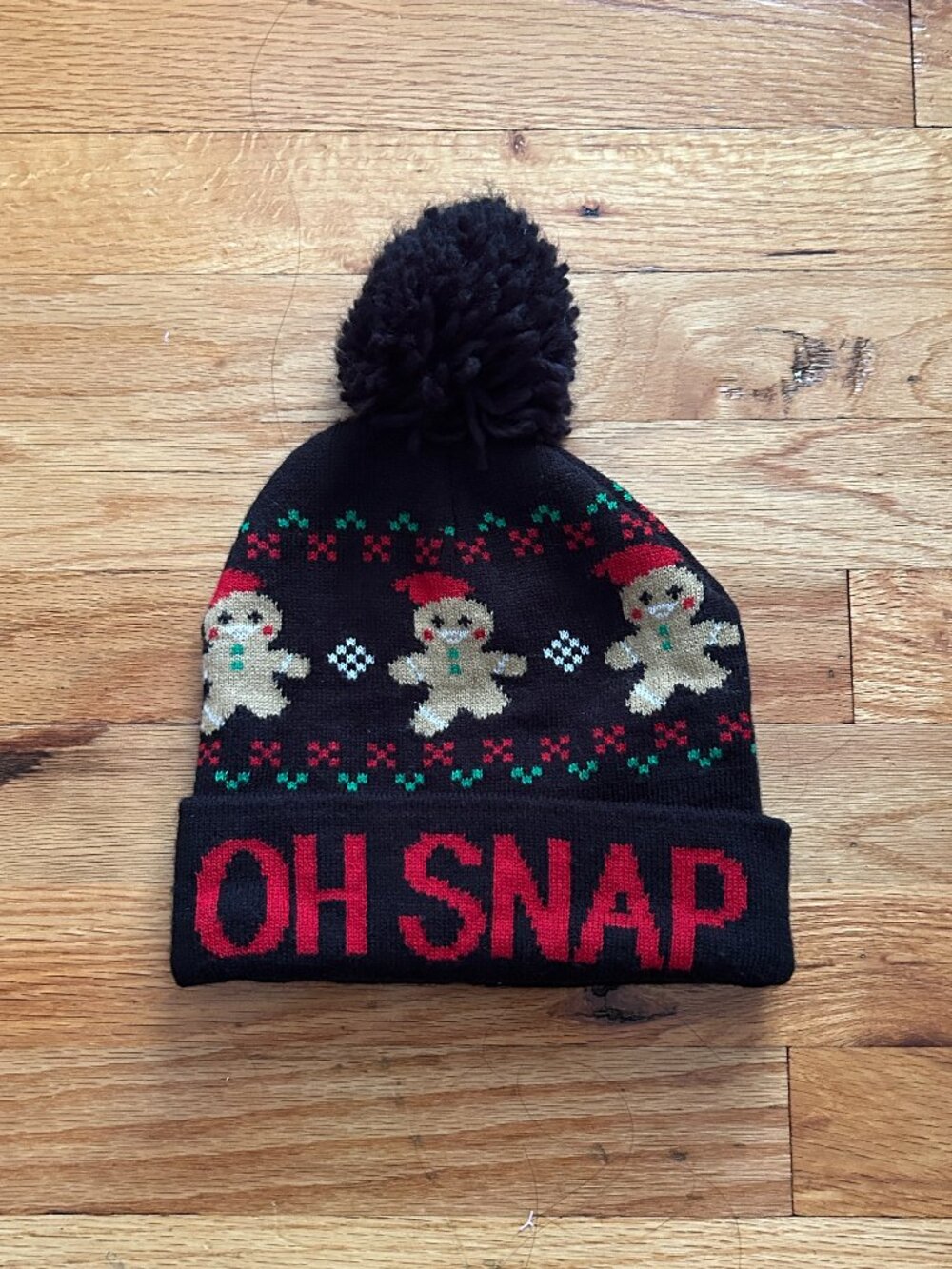 "Oh Snap" Gingerbread Man Christmas Knit Beanie Hat Black Pom Pom Unisex EUC